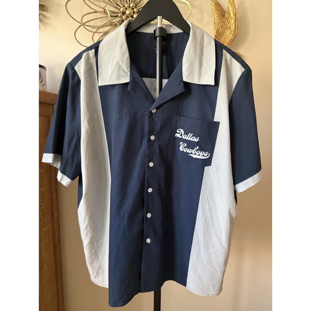 Dallas Cowboys NFL Team Apparel Bowling Shirt Men's Large Navy Gray Retro